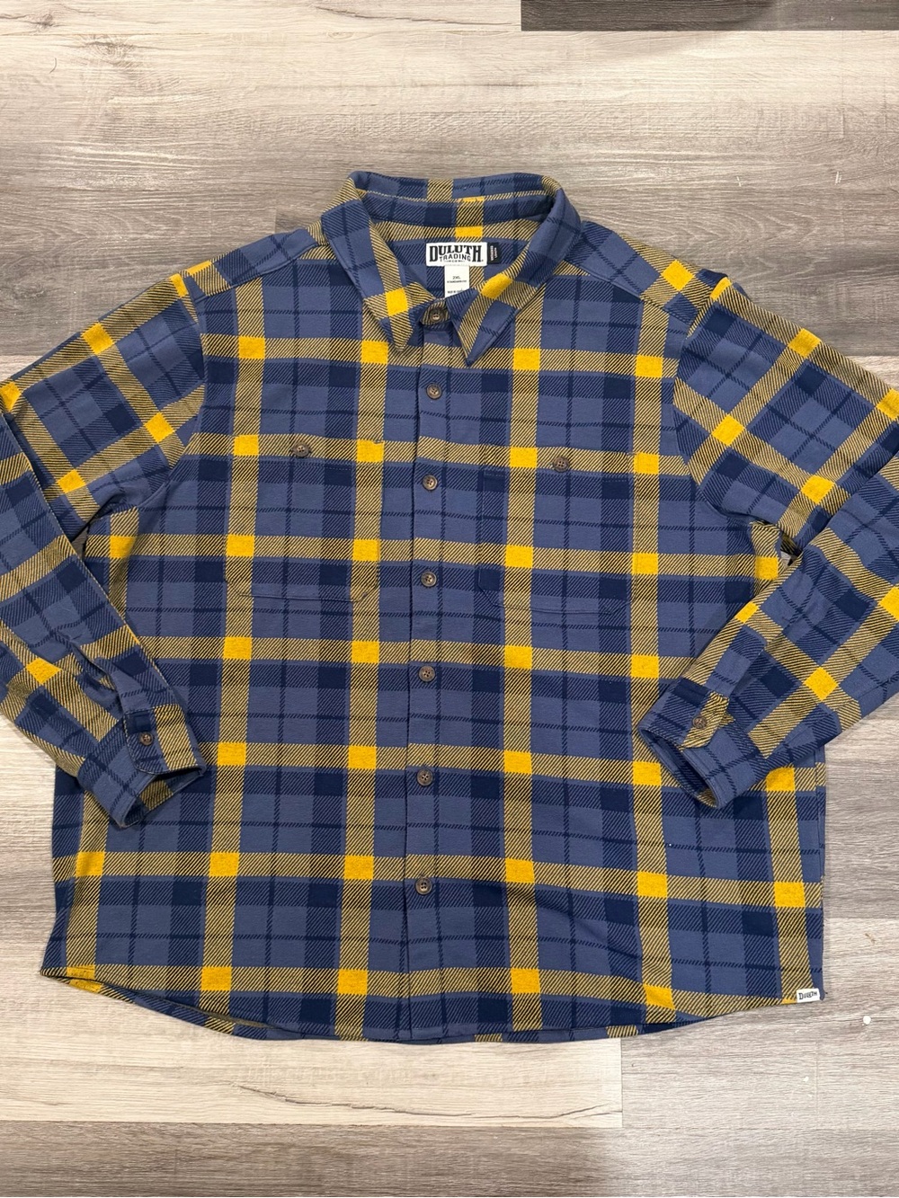 Duluth Trading Co Untucked Flannel Shirt Men’s 2XL Blue/Yellow Plaid Stretch